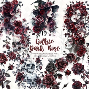 Gothique Halloween tête de mort Rose Clipart, aquarelle Rose sorcière, vigne Rose foncé botanique, Halloween POD commercial PNG
