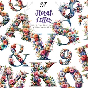 Letra y número del alfabeto floral, paquete de imágenes prediseñadas de acuarela verde, paquete de imágenes prediseñadas de letras de flores silvestres botánicas, licencia comercial POD PNG
