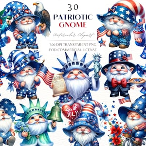 4 de julho Gnomo Patriótico, Gnomo Aquarela Bandeira dos EUA Clipart, WeThePeople, Adesivo de diário digital do Dia da Independência, Sublimação Azul Vermelho PNG