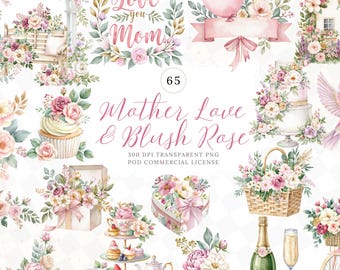 Mors dag Clipart, Blush Rose Garden Akvarell Cottagecore Clipart PNG (Digital Nedladdning)