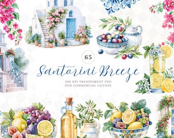 Santorini Watercolor Clipart Pack, Greek Island Mediterranean,Bougainvillea Graphics (Digital Download)