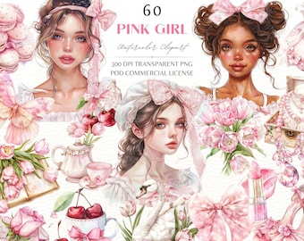 BabyPink Girl,Watercolor Aesthetic Coquette Clipart,Tulips Macaron Book Cupcake Ribbon Digital Journal Sticker,POD Commercial License PNG
