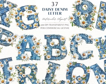 Daisy denim letter clipart: aquarel alfabet en cijfers (PNG)