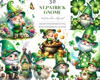 St. Patrick's Day kabouter clipartbundel: klaver aquarel png (commerciële licentie)
