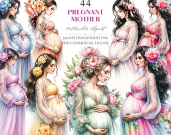 Watercolor Pregnant Woman Clipart,Expecting Mother,Baby Shower,Newborn,Mother Love,Floral Peony Mom,Commercial License PNG