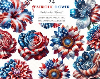 Clipartbundel patriottische bloem: VS rood wit blauwe bloemen, png (digitale download)