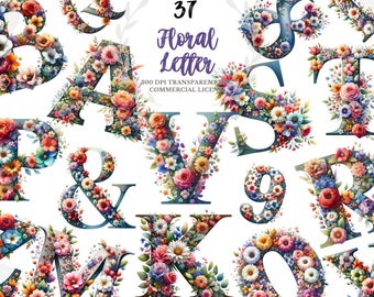 Floral Alphabet Clipart Bundle: Watercolor Flower Letters & Numbers (PNG Digital Download)