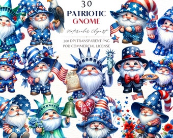 Patriotic Gnome 4th of July Clipart: USA Watercolor PNG (Digital Download)