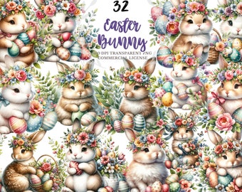 Floral Bunny Watercolor Clipart PNG (Digital Download)