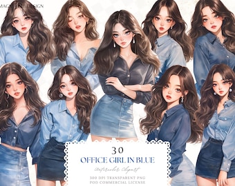 Clipart aquarelle Office Girl : chemise bleue à la mode PNG (téléchargement numérique)