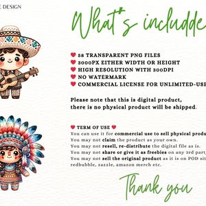 Op de afbeelding: Een digitale illustratieset van 58 transparante PNG-bestanden met twee schattige cartoonfiguren. Een personage draagt een sombrero en speelt gitaar. Het andere personage draagt een Indiaanse hoofdtooi. De tekst "What's included" en "Thank you" is ook in de afbeelding opgenomen.