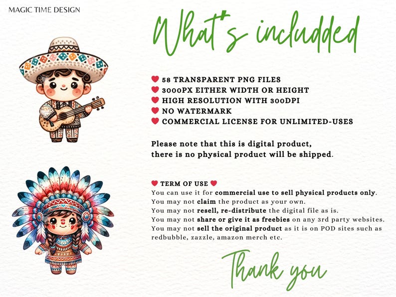 Op de afbeelding: Een digitale illustratieset van 58 transparante PNG-bestanden met twee schattige cartoonfiguren. Een personage draagt een sombrero en speelt gitaar. Het andere personage draagt een Indiaanse hoofdtooi. De tekst "What's included" en "Thank you" is ook in de afbeelding opgenomen.