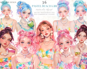 Clipart aquarelle pastel Beach Girl : mode estivale PNG (numérique)