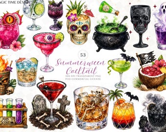 Summer Halloween Cocktail Clipart,Spooky Skeleton Tropical Drink Watercolor Graphics (Digital Download)