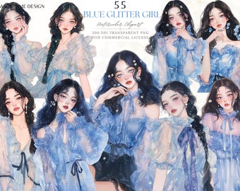 Clipart Floral Girl Glitter bleu : autocollants PNG aquarelle (téléchargement numérique
