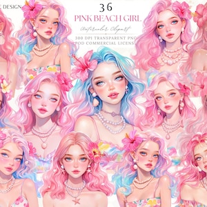 Ragazza spiaggia rosa, ragazza moda fiori estivi acquerello, collage arte di diario spazzatura, quella ragazza planner scrapbooking adesivo digitale clipart PNG
