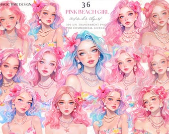 Clipart aquarelle Fashion Girl : plage rose, fleurs d'été (autocollants numériques PNG)