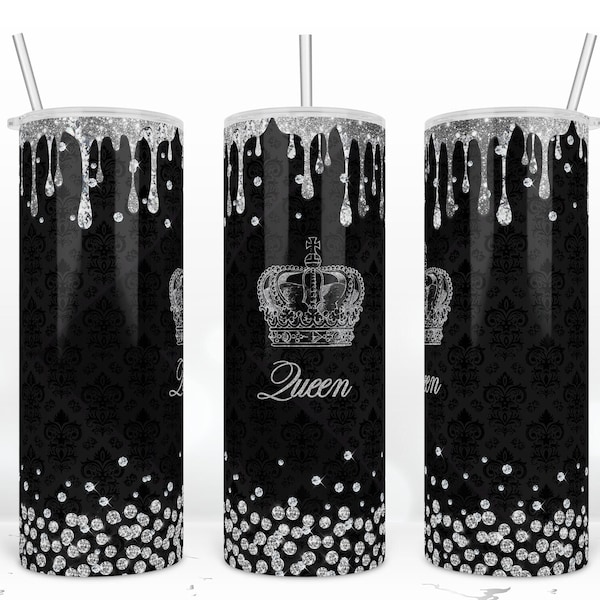 Queen, Glittered Silver Crown, Classy Queen 20 oz Skinny Tumbler Wrap, Warped Design, Gothic Sublimation Design Download PNG