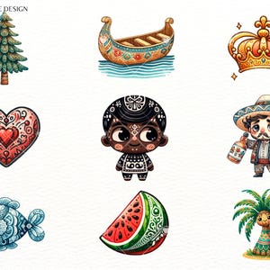 Op de afbeelding: Een set van negen kleurrijke illustraties met verschillende thema's, waaronder een groene dennenboom, een gouden kroon, een rood hart, een zwart-wit persoon, een man in een sombrero, een blauwe vis, een stuk watermeloen en een palmboom.