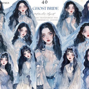 Puede incluir: Clipart de acuarela con múltiples ilustraciones de una 'Ghost Bride'. Las imágenes muestran mujeres con piel pálida, cabello oscuro y velos y vestidos azules. El texto "40 Ghost Bride Watercolor Clipart" es visible.