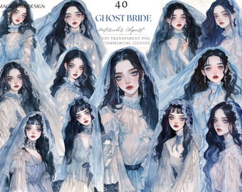 Mariée fantôme d'Halloween, fille fantasmagorique des cliparts aquarelle, mariée cadavre hanté, autocollant planificateur numérique Girly, sublimation des cliparts PNG