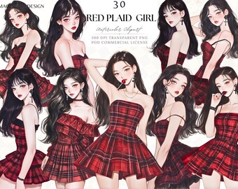 Clipart aquarelle fille à carreaux rouge, mode de Noël en flanelle rouge, autocollant planificateur numérique Girly, Sublimation Clipart PNG