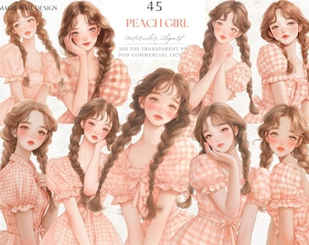 Autocollant numérique pour album de scrapbooking aquarelle PNG : Sweet Peach Cottage Girl, Peach Vichy Plaid Girl