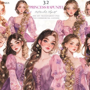 Clipart della principessa delle fiabe di Raperonzolo, Raperonzolo moderno, collage di diario spazzatura, planner That Girl, adesivo digitale Scraobooking PNG