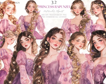 Clipart Raiponce : princesse de conte de fées PNG Stickers (téléchargement numérique, 3000 pixels, 300 ppp)