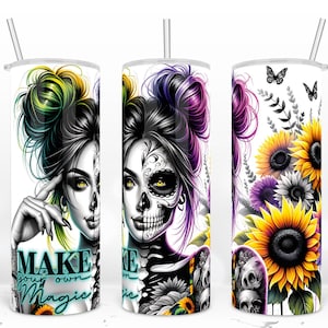 Positive Affirmation, halbes Gesicht, halbes Skelett Sonnenblume Tumbler Wrap, Motivzitat, machen Sie Ihren eigenen magischen 20 Unzen Skinny Tumbler Wrap PNG