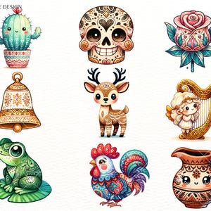 Op de afbeelding: Een set van negen kleurrijke illustraties met verschillende schattige personages en objecten, waaronder een cactus, een schedel, een roos, een bel, een hert, een harp, een kikker, een haan en een kan. De illustraties zijn allemaal getekend in een grillige stijl met ingewikkelde details.