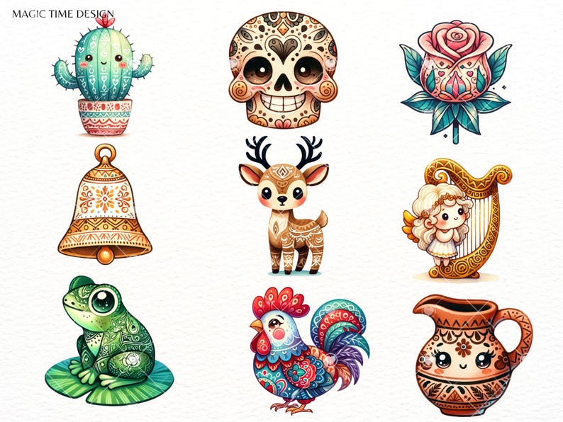 Op de afbeelding: Een set van negen kleurrijke illustraties met verschillende schattige personages en objecten, waaronder een cactus, een schedel, een roos, een bel, een hert, een harp, een kikker, een haan en een kan. De illustraties zijn allemaal getekend in een grillige stijl met ingewikkelde details.