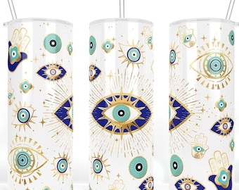 EVIL EYE,Eye of Protection,Turkish Nazar Eye Blue Gold 20 oz Skinny Tumbler Wrap, Warped Design, Sublimation Design Download PNG