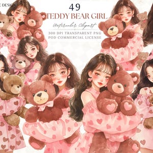 Ours en peluche fille Clipart, clipart aquarelle ours mignon brun, autocollant numérique fille Saint-Valentin, cette fille planificateur autocollant, amour sublimation PNG