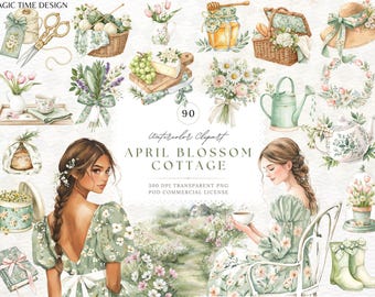 Vårsalviagrön planerare: April Blossom Cottage, Junk Journal, That Girl Planner Stickers Akvarell Clipart