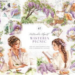 May include: Watercolor clipart featuring a picnic theme with wisteria flowers. The image includes illustrations of food, drinks, and women, with text that reads "Wisteria Picnic". The image is labeled as 300 DPI transparent PNG with a POD commercial license.