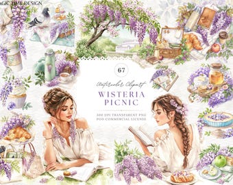 Vårlila planerare: Wisteria picknickstuga, skräpjournal, That Girl-planerarklistermärken akvarell clipart