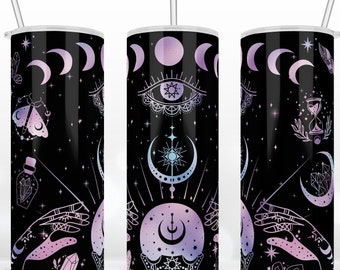 Mysteric Magic Witch Hand,Witchcraft,Celestial,Hologram 20 oz Skinny Tumbler Wrap, Warped Design, Halloween Sublimation Design Download PNG