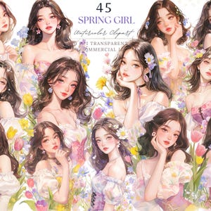 Primavera Menina Flores Selvagens Clipart PNG,Aquarela Primavera Flores Florais,Fashion Menina Adesivo Digital,Planejador de Menina Diário de Junk,Sublimação PNG