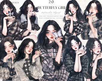 Sticker numérique Scrapbooking pour carnet de notes aquarelle PNG : Fille Halloween papillon noir à carreaux
