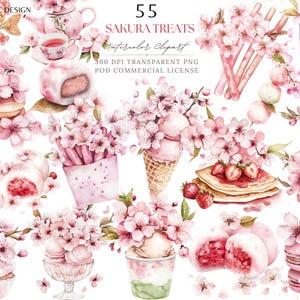Clipart de acuarela de primavera con flores de cerezo, golosinas de sakura rosa y postres japoneses, pegatinas de planificador digital, PNG botánico floral