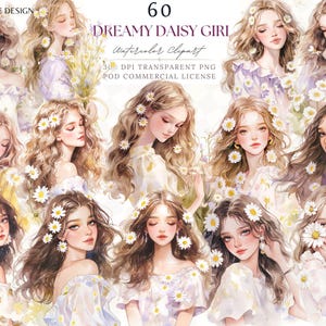 Clipart acquerello Daisy Girl, adesivo digitale Cottage Spring Girl & Daisy Garden, clipart scrapbook di Junk Journal
