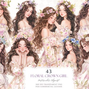 Flower Crown Girl Clipart Vol. 2, lente wilde bloemenmeisje clipart, boho digitale sticker, That Girl planner junk Journal digitale sticker, png