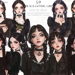 Schwarzes Gothic Mädchen Aquarell Clipart, Schwarze Katze, gruseliges Mädchen, Junk Journal Collage, dass Mädchen Planer, Scraobooking Digital Sticker PNG