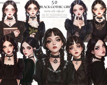 Clipart aquarelle gothique fille chat noir : Stickers Junk Journal (téléchargement numérique PNG)