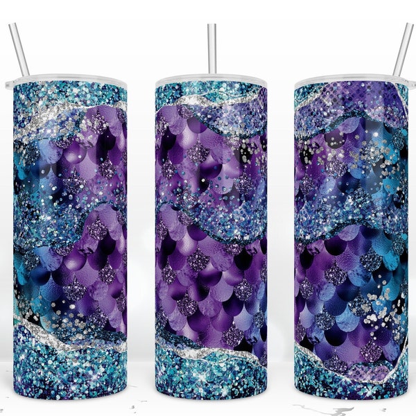 Purple Blue Mermaid Scales, Blue Iridescent Glitter 20 oz Skinny Tumbler Wrap, Warped Design, Mermaid Sublimation Design Download PNG