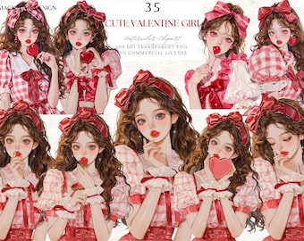 Clipart aquarelle fille Saint-Valentin : coeur rouge, rose PNG (autocollant numérique, 300 ppp)