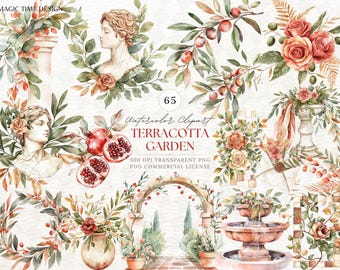 Clipart jardin aquarelle en terre cuite : bouquet de fleurs, statue PNG (sous licence commerciale)