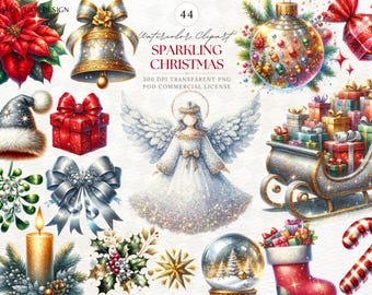 Clipart Noël mousseux aquarelle : Clipart Noël hiver (PNG, licence commerciale)