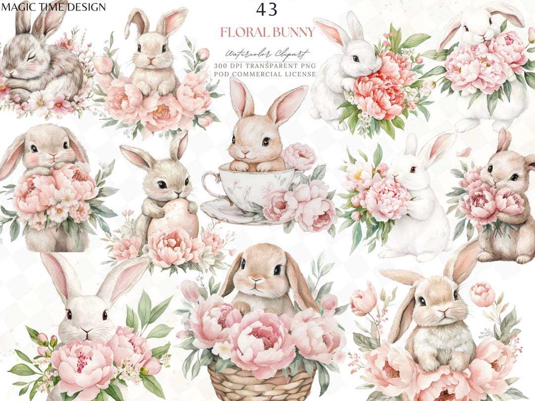 Watercolor Floral Bunny Clipart, Spring Rabbit Graphic (digital ...